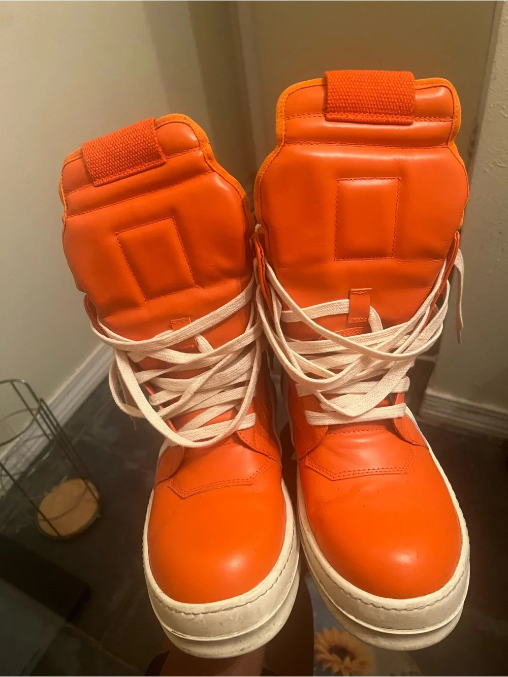 Rick Owens Orange and White High-Top Sneakers
